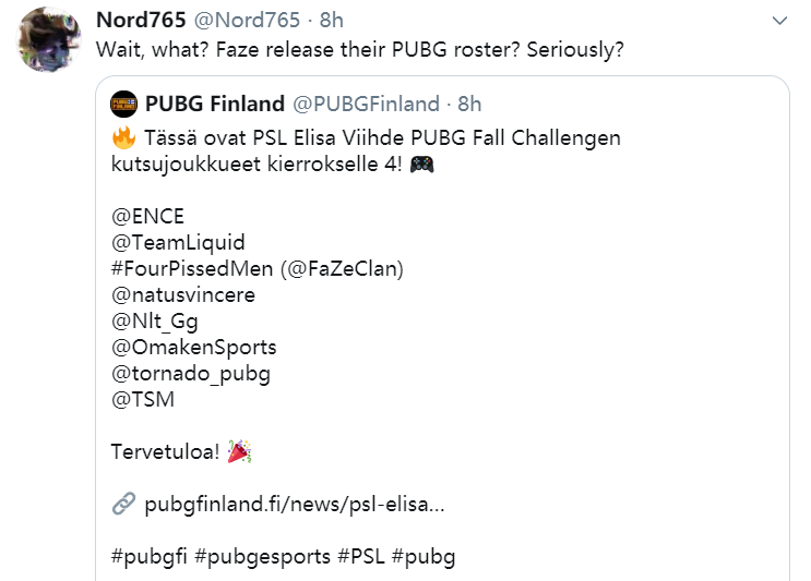 FaZe整活开始，芬兰PUBG赛事将以4PM的队名参赛