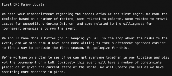 V社:为取消首个Major道歉 正在计划新方案