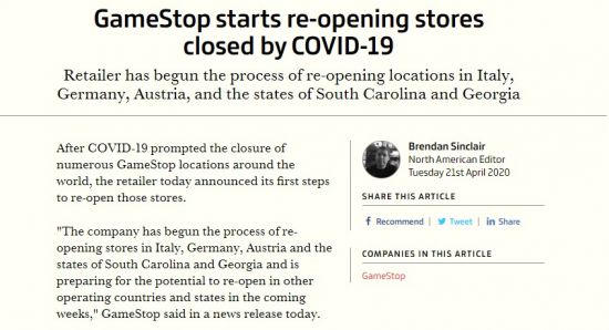 GameStop重开因疫情关闭商店 公司资金足够挺过疫情