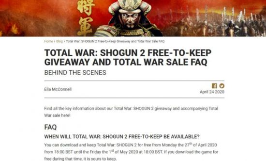 《全战：幕府将军2》确认28日免费送 鼓励大家留在家中