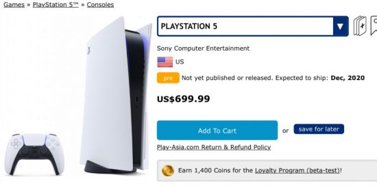 Play-Asia上架PS5主机：售价近5000元 疑为商品占位