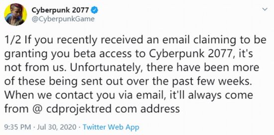 CDPR提醒玩家 收到虚假《赛博朋克2077》内测邮件别上当