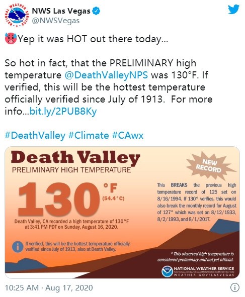地球100年来最高气温：美国死亡谷气温高达54.4℃