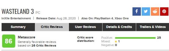 CRPG《废土3》媒体评分出炉 M站均分86普遍好评