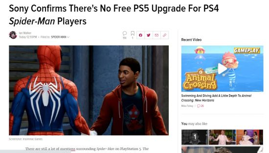 索尼确认：《漫威蜘蛛侠》PS4玩家不能免费升级到PS5版