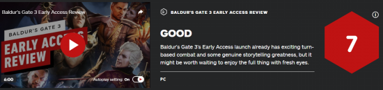 《博德之门3》抢先体验版IGN评7分：期待完整版