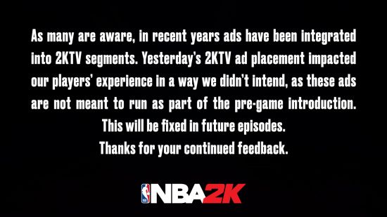 2K回应《NBA 2K21》广告无法跳过问题：将进行整改