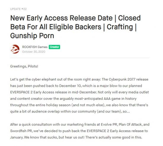 《永恒空间2》再次撞档《赛博朋克2077》 制作商果断延期EA一个月