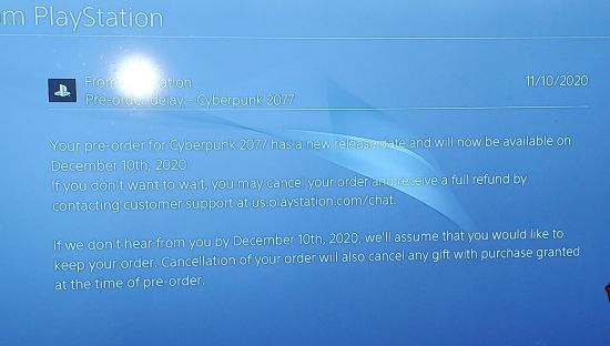 跳票后 索尼给没有预购《赛博朋克2077》的玩家也发了取消预购通知