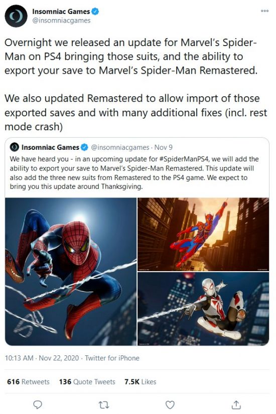 《漫威蜘蛛侠》更新支持存档转移 PS5版待机Bug修复