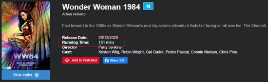 《神奇女侠1984》片长151分钟 超过大多数DC电影