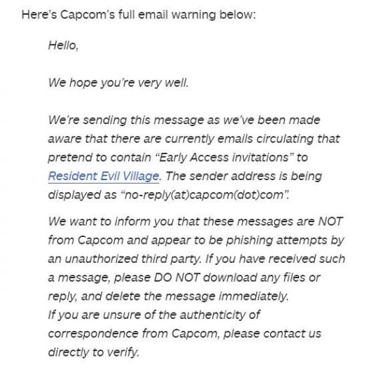 卡普空提醒玩家不要下载或回复《生化危机8》的钓鱼邮件