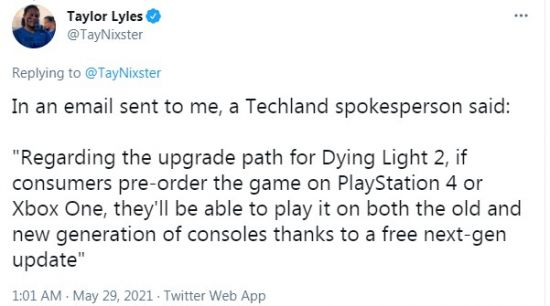 《消逝的光芒2》开发商：主机版次世代升级免费