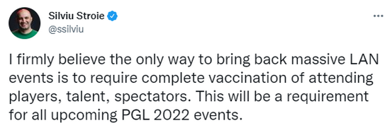 CSGO PGL CEO：全员接种疫苗是线下赛回归关键