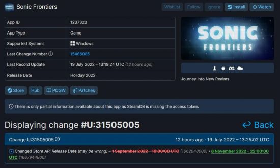 SteamDB显示《索尼克：边境》11月8日发售 或撞车《战神5》