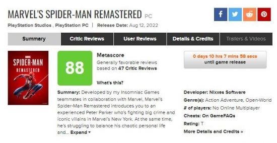 《漫威蜘蛛侠：复刻版》PC版媒体评分解禁 Metacritic均分88