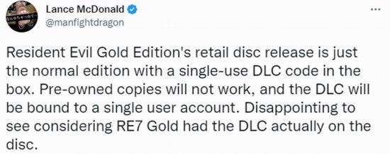 《生化危机8：黄金版》实体光盘不包含DLC内容 买了个寂寞