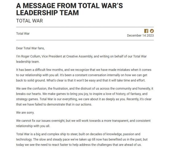 《全面战争》开发商CA致歉玩家 许诺免费DLC和退款以补偿玩家
